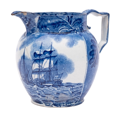 107 - An early 19th century blue and white transfer printed pearlware 'Shipping Series' jug depicting a ma... 