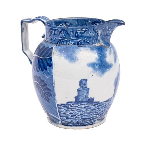 107 - An early 19th century blue and white transfer printed pearlware 'Shipping Series' jug depicting a ma... 