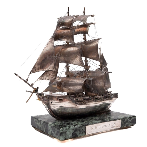 124 - A late 20th century white metal model of HMS 'Beagle', maker Ammonite Ltd, Birmingham: set full sail... 