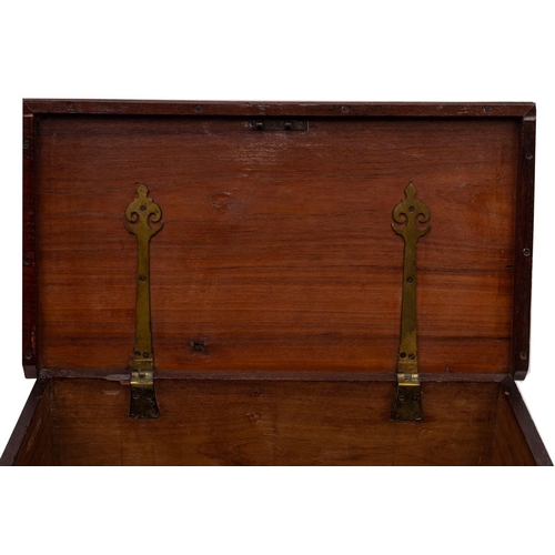 128 - A 19th century teak and brass bound seaman's chest: the rectangular top inset shaped brass cartouche... 