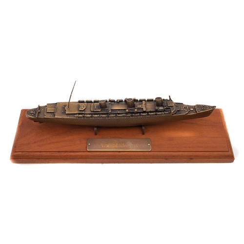 129 - RMS Queen Mary. A bronze scale model cast from the ship's propeller: No 105/1000, mounted on a woode... 