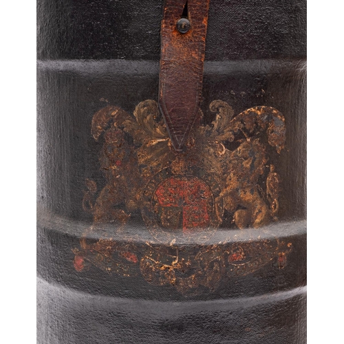 188 - An early 20th century black canvas charge or shot container:  with brown leather strap and handle, w... 