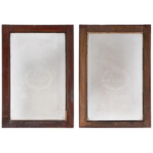 208 - Two framed panels of acid etched glass from the Royal Navy Canopus-class battleship HMS 'Glory', eac... 