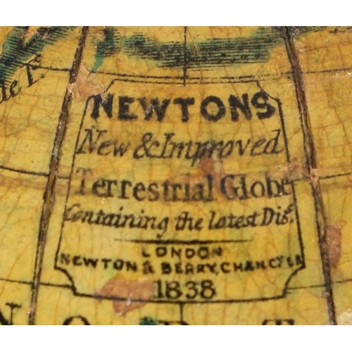 226 - A 2 inch 'Newtons New & Improved Terrestrial Globe, 1838': signed as per title, the mache globe with... 