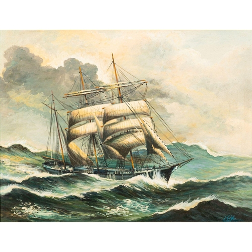 23 - Contemporary School A sailing vessel in a stormy sea indistinctly signed L. L...ier lower right oil ... 