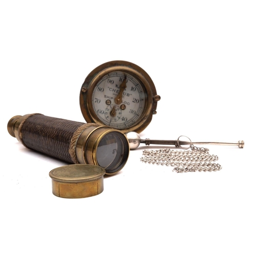 235 - A Walker's 'Cherub' Ship Log dial: together with a ropework mounted brass three draw telescope, unsi... 