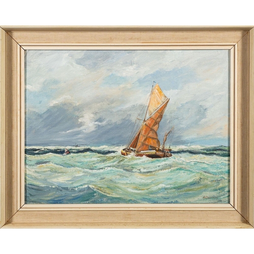 29 - Arthur King (American, 20th century school) Fishing boat in choppy waters signed lower right oil on ... 