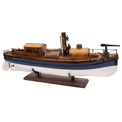 408 - A scale model of a steam gun boat 'Pilar', simulated brass stack, grey vents, arched planked engine ... 