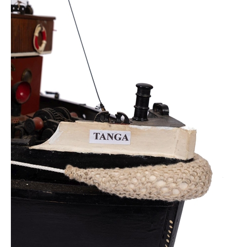 410 - A scale model of the tug 'Tanga':  fitted black banded cream stack , aerial masts, bridge lifeboats ... 