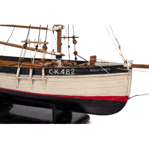 412 - A scale model of the Essex fishing smack CK 482 'Kingfisher': standing and running rigged over a pla... 