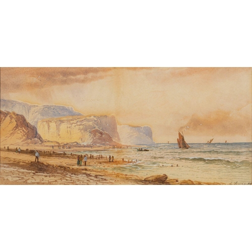 53 - E. Lewis (British, fl. late 19th century) A coastal scene with boats and figures signed and dated lo... 