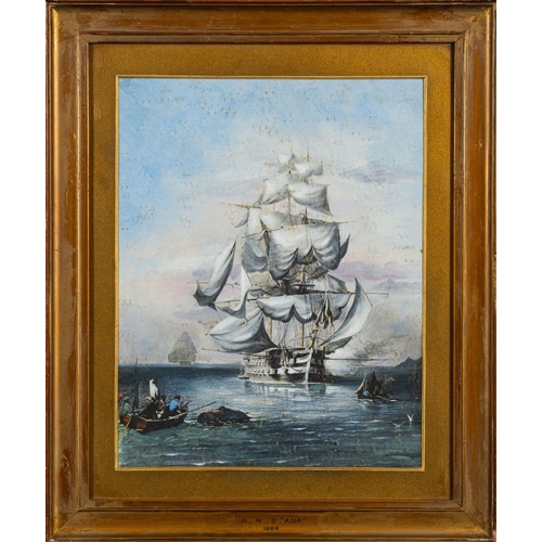 56 - A pair of hand-embellished prints of naval ships, H. M. S. Bellerophon and H. M. S. Asia, framed and... 