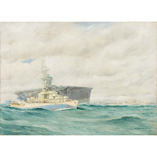 9 - *William Howard-Jarvis (British, 1903-1954) An aircraft carrier and other vessels in a calm sea sign... 