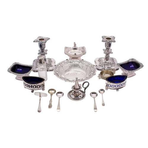 2002 - A pair of early 19th century silver plated salts, with pierced decoration and blue glass liners, on ... 