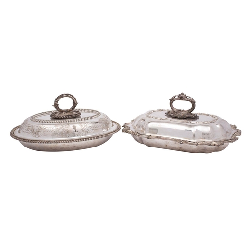 2004 - Two silver plated entree dishes and covers, together with a Victorian silver plate pierced pastry se... 