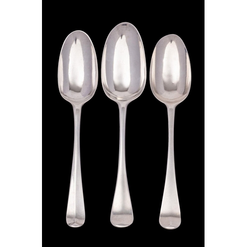 2042 - Three Hanoverian tablespoons, two by James Wilks, London 1742 and 1748, the other by Henry Norris, L... 