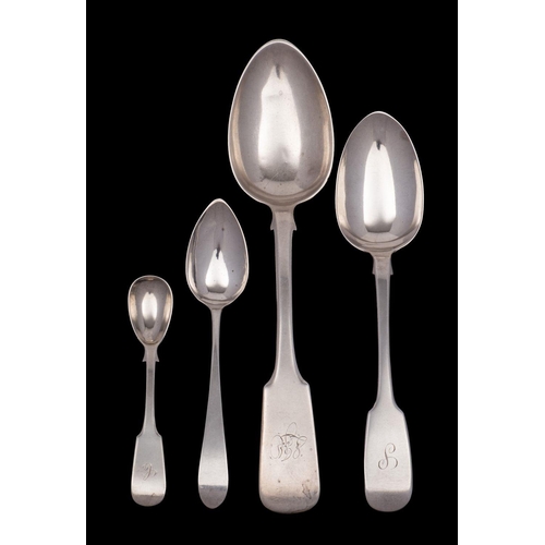 2043 - Four Scottish silver spoons, a Fiddle pattern serving spoon maker R&S A B D, Edinburgh 1836, a Fiddl... 