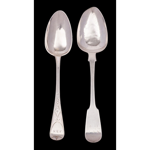 2054 - Two Jersey silver serving spoons, maker Thomas De Gruchy and Jacques Quesnel, Fiddle and Old English... 