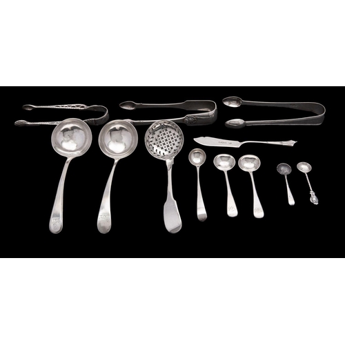 2068 - A mixed group of early 19th century flatware to include; a pair of Fiddle and Shell sugar tongs, mak... 