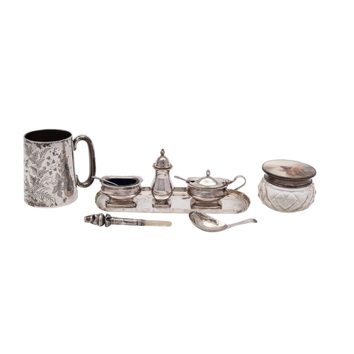 2115 - A group of silver items to include;- a silver and glass dressing table jar with hand painted panel o... 