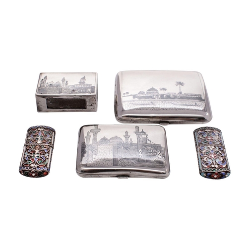 2174 - A group of Eygptian silver to include: two unmarked cigarette cases and a match box decorated with s... 