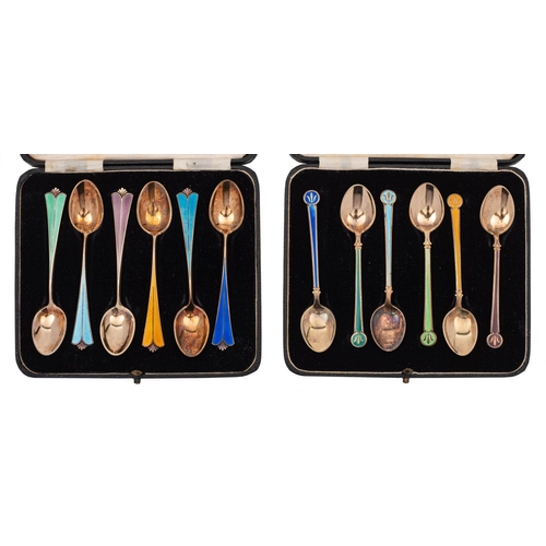 2180 - A cased set of six silver Norwegian gilt and enamel coffee spoons, stamped David Andersen-Norway, ci... 