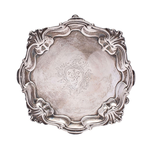 2185 - A George II silver waiter, John Swift, London 1743, with pie crust and shell border, engraved armori... 