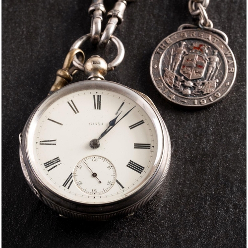 2266 - A silver open-faced key-wound pocket watch with chain the dial with black Roman numerals, blued stee... 