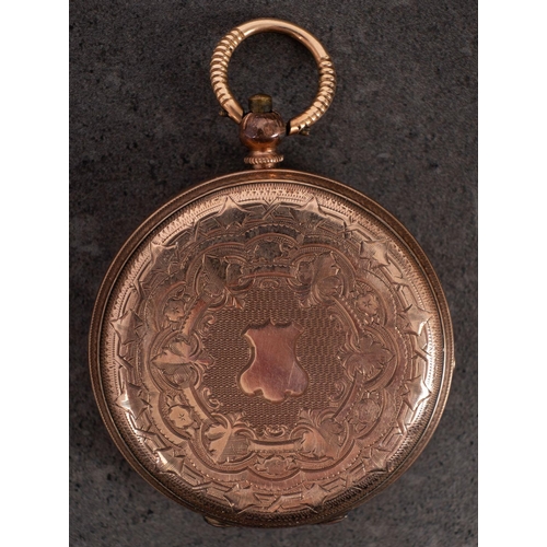 2270 - A 9ct gold pocket watch the gold dial with engraved and matted centre, black Roman numerals and blue... 