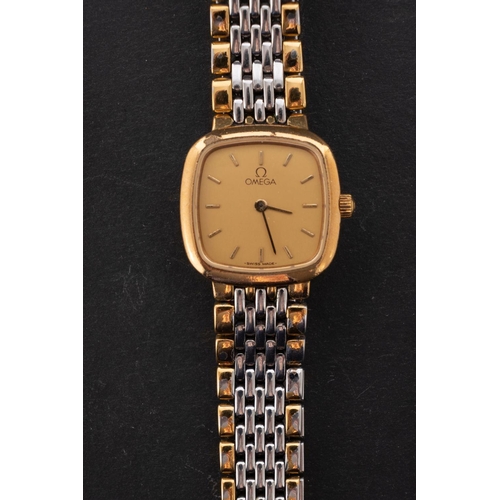 2311 - Omega, a lady's stainless-steel and gold-plated wrist watch the cushion dial with raised baton numer... 