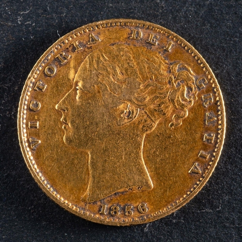 2403 - A Victorian gold sovereign coin, dated 1856, diameter ca. 22mms, total weight ca. 7.9gms.