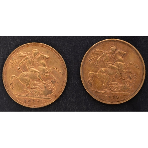 2462 - Two gold sovereign coins, one Victorian, dated 1875 and one Edward VII, 1907, diameter ca. 22mms, to... 