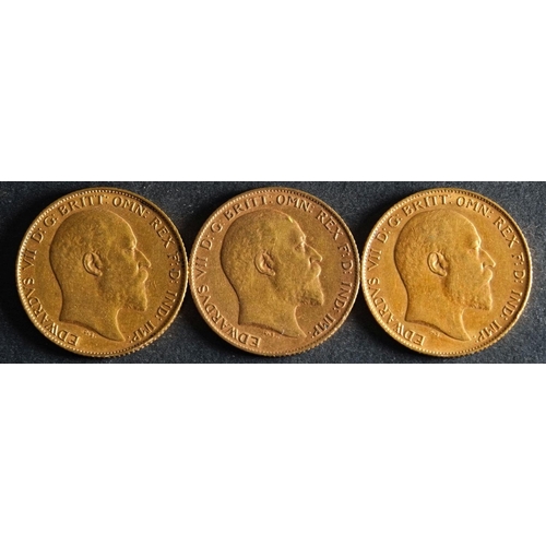 2469 - Three half sovereign coins dated 1908, 1909 and 1910.