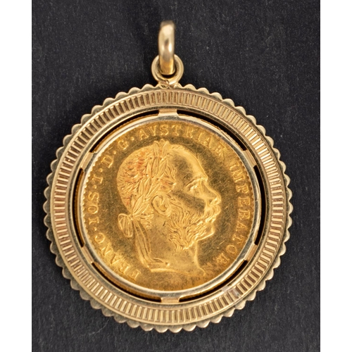 2474 - An Austrian-Hungarian Ducat re-strike gold coin, dated 1915, mounted as a pendant, stamped '585', di... 