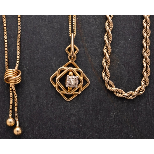 2496 - Three 9ct gold chains, including a ropetwist chain, a box-link lariat necklace and a trace-link chai... 