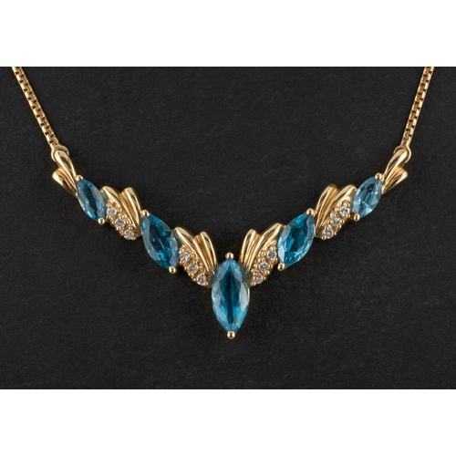 2722 - A marquise-shaped, blue topaz and diamond necklace, total estimated diamond weight ca. 0.10cts, with... 