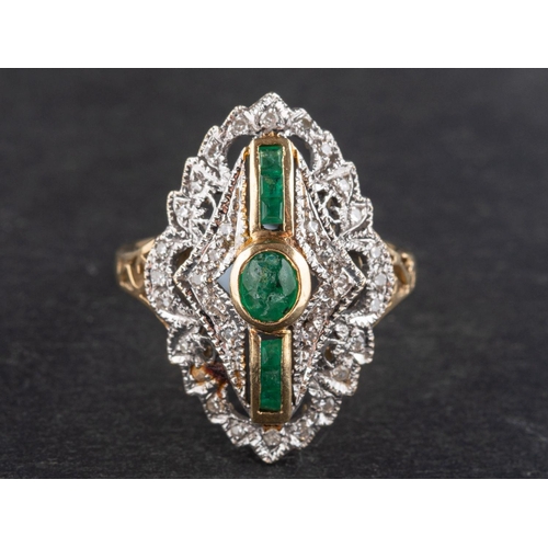 2725 - A calibre and cabochon-cut emerald and single-cut diamond ring, of navette design, total estimated d... 