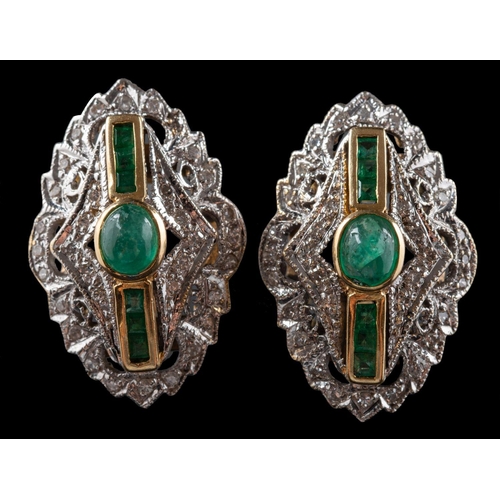 2727 - A pair of calibre and cabochon-cut emerald and single-cut diamond earrings, of navette design, total... 