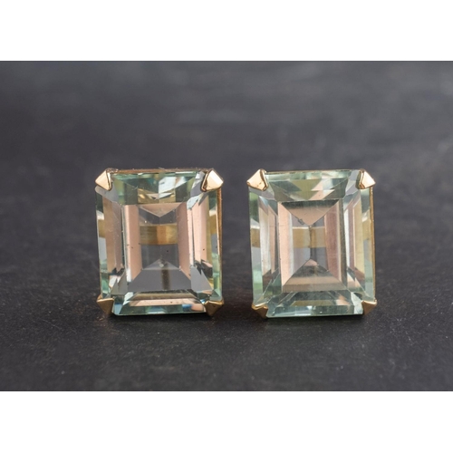 2728 - A pair of octagonal, step-cut aquamarine ear studs, total estimated aquamarine weight ca. 12.65cts, ... 