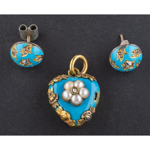 2735 - A Victorian, turquoise enamel pendant and pair of ear studs, the pendant, heart-shaped, with a pop-o... 