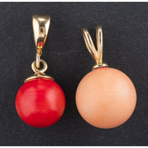 2736 - Two Ukrainian coral pendants, including one of light orangey pink hue, length (inc bale) ca. 2.2cm; ... 