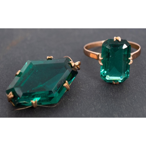 2737 - A green paste ring and pendant, both stamped '9CT', ring size L, length of pendant ca. 3.2cm, total ... 