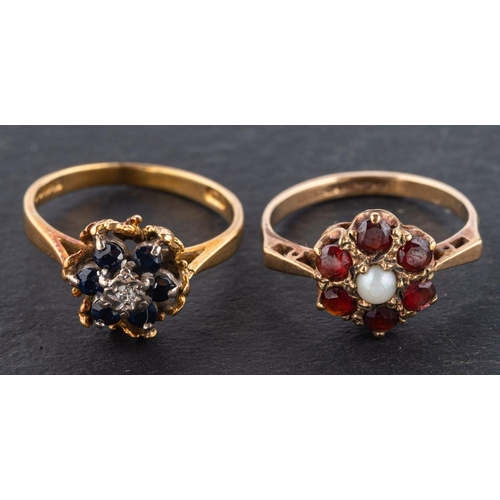 2743 - Two gold cluster rings, including an 18ct gold, diamond and sapphire cluster ring; and a 9ct gold, g... 