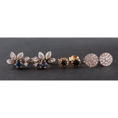 2745 - Three pairs of gemset earrings, including a pair of diamond cluster ear studs, stamped '750'; a pair... 