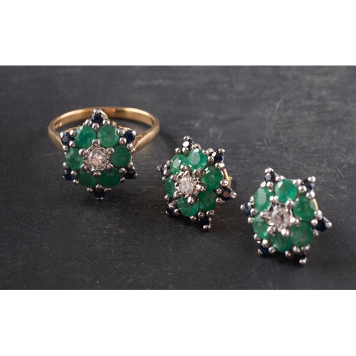 2747 - An 18ct gold, emerald, sapphire and diamond ring and a matching pair of ear studs, estimated diamond... 