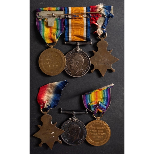 204 - A WWI 2nd Battalion Royal Berkshire Regiment family group, comprising two trios of 1914 Star, War Me... 