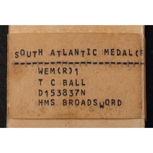 255 - A South Atlantic 1982 Medal with rosette to D153837N T.C. Ball, WEM (R) HMS Broadsword in card case ... 