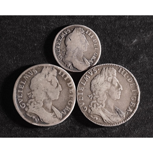 26 - A William III halfcrown (1697 (y) and a halfcrown 1697 and an Exeter Mint Shilling, 1696.