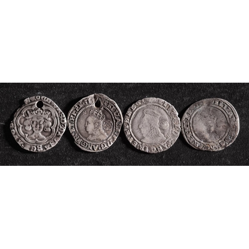 34 - Three Elizabeth I shillings and  Henry Groat (Lower grades and damage).