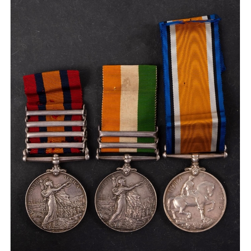 342 - A South Africa/WWI trio to '92843 Bomb F Barkham 4th MB  RGA', Queen's south Africa Medal with four ... 